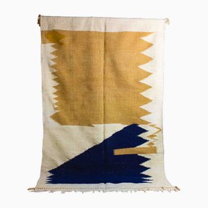Vintage Wool Berber Rug with Abstract Shapes in Blue and Beige, 1970s