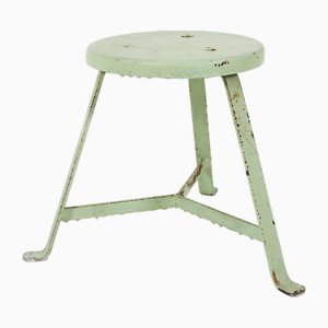 Tabouret Industriel Peint en Vert avec Base en Acier et Plateau en Bois, 1930s