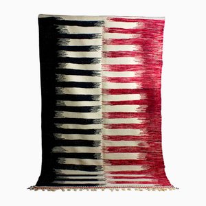 Vintage Folk Art Wool Berber Rug with Zig Zag Pattern in Black and Red, 1970s