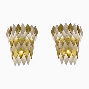 Murano Glass Wall Sconces in Gold and White Rhombuses, Set of 2