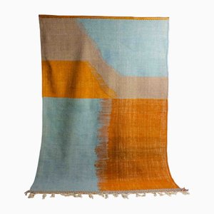 Tapis Berbère Folk Art Vintage en Laine avec Formes Abstraites en Bleu et Orange, 1970s