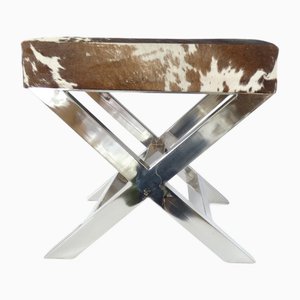 Reposapiés francés vintage de cuero y acero inoxidable atribuido a 23homedesign