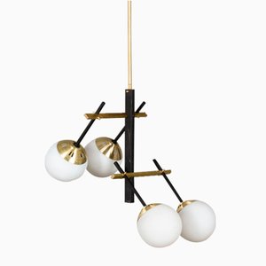 Vintage Pendant Light in Black Metal, Brass & Opaline Glass, 1950s