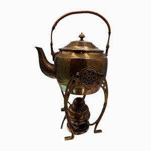 Bouilloire Art Déco Vintage en Laiton avec Réchaud, 1930s, Set de 4