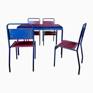 Industrial Tubular Steel Dining Chairs and Table, 1940s, Set of 5