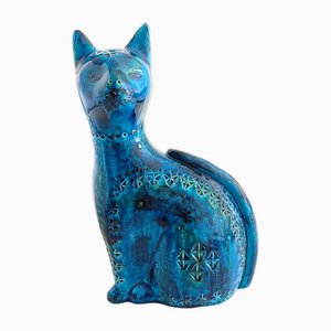Large Mid-Century Rimini Blu Ceramic Cat Sculpture by Aldo Londi for Bitossi, Italy, 1960s