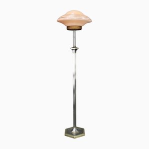 Nickel Floor Lamp with Glass Shade, 1940s