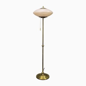 Brass Floor Lamp with Glass Shade, 1940s