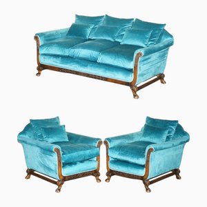 Blaues Samtsofa und Sessel mit Klauenfüßen, 1900er, 3er Set