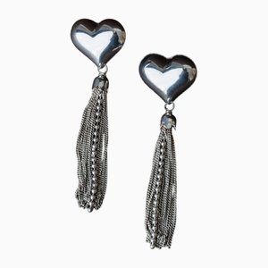 Vintage Silver Heart Earrings with Chains, Set of 2