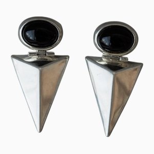 Vintage Triangular Earrings in Silver with Onyx, Set of 2