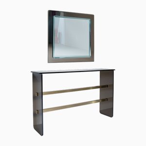 Konsolentisch aus Rauchglas mit geschliffenem Spiegel, 1970, 2er Set