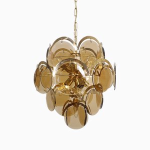 Lustre en Verre Ambré avec Structure Dorée par Vistosi, Italie