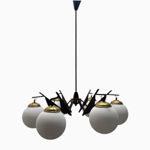 Vintage Brass Wooden Veneer Chandelier, 1950s