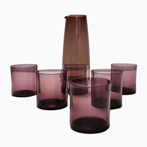 Jarra de agua y vasos de vidrio ahumado de Timo Sarpaneva, años 60. Juego de 7
