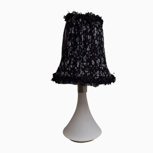 Vintage Tischlampe mit Innenbeleuchtetem Sockel aus weißem Opakglas mit Edelstahlhalterung und handgefertigtem Stoffschirm von Lamplove, 1990er