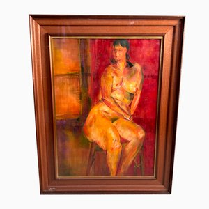 Japanese Artist, Shōwa Period Nude with Red Curtain, 1972, Oil on Canvas
