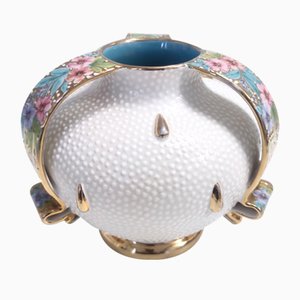 Vase Deruta Vintage Blanc et Doré en Faïence avec Fleurs Multicolores, Italie, 1950s