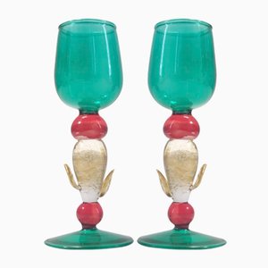 Postmodern Murano Teal, Red and Gold Liqueur Glasses attributed to Salviati, Italy, 1980s, Set of 2