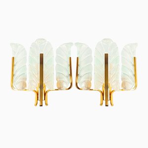 Large Mid-Century Scandinavian Glass & Brass Leaf Wall Lights by Carl Fagerlund, 1960s, Set of 2