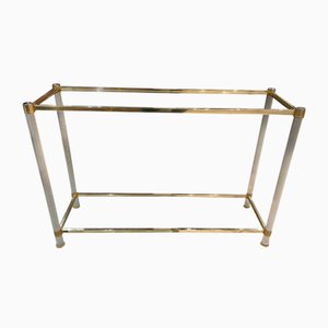 Vintage Double Glass Top Console in Gold and Silver Metal from Le Dauphin, France, 1970s