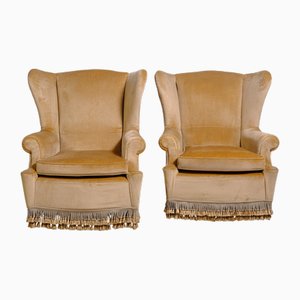 Set of Highback Armchairs in Beige Velvet with Wooden Legs, 1970s