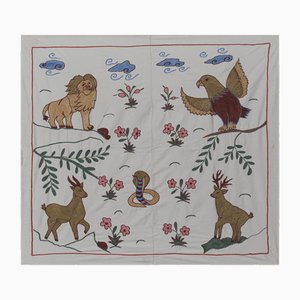 Animal Suzani Wall Hanging Embroidered Wildlife Design with Lion, Eagle, and Deer