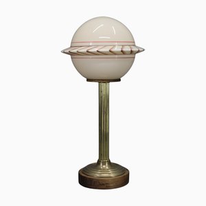 Brass Table Lamp with Wooden Base and Glass Shade, 1940s