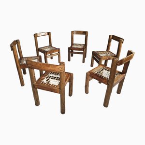 Brutalistische Esszimmerstühle aus Kiefernholz & Leder, Belgien, 1970er, 6er Set