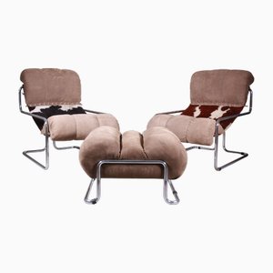 Leather Chaise Longue and Pecari Pouf by Guido Faleschini, 1970s, Set of 3