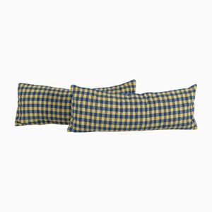 Anatolian Striped Yellow and Blue Geometric Kilim Rug Cushion Covers, Set of 2