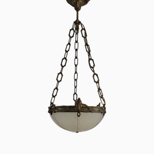 Lampe à Suspension Art Déco en Laiton Doré et Verre de Clichy, 1950s