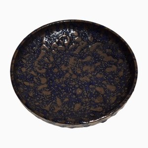 Deutsche Vintage Keramikschale mit Blaugrauer Glasur, 1970er