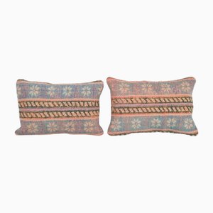 Housses de Coussin Tapis en Laine Rose et Bleue Faite Main, Set de 2