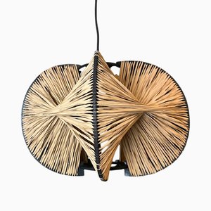 Lampe à Suspension Rustique en Bois Noir et Paille, Portugal, 1960s