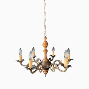 Italian Chandelier in Wood and Brass, 1950s