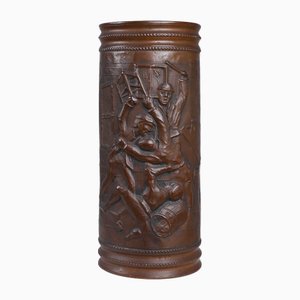 Copper Umbrella Stand with Hammered Relief of Medieval Café, France, 1900s