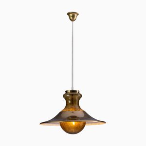 Large Glass Bubble Pendant Light with Brass Shade