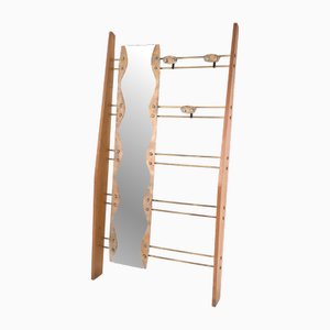 Vintage Cherry Veneer Entryway Coat Rack with Mirror, Italy, 1950s