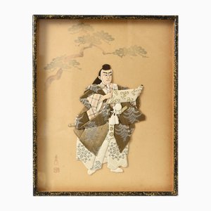 Panel decorativo Oshi-E japonés vintage de seda, años 50