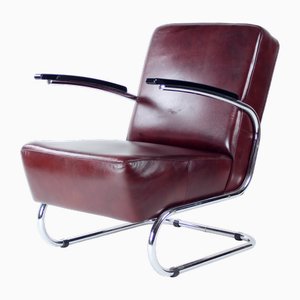 Poltrona Bauhaus in metallo cromato e pelle, Ex Cecoslovacchia, anni '30