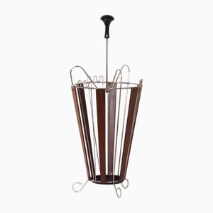 Vintage Teak and Curved Metal Umbrella Stand, 1950s