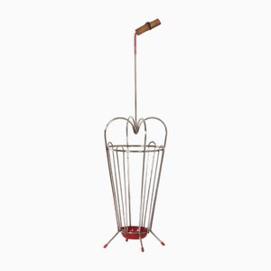 Vintage Umbrella Stand of Curved Metal, Red Details and a Bamboo Handle, 1950s