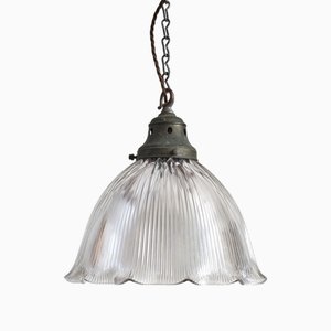 Large Vintage Glass Holophane Frill Pendant Light, 1950s