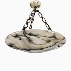 Large French Art Deco White Alabaster Pendant Light with Dark Veins, 1920