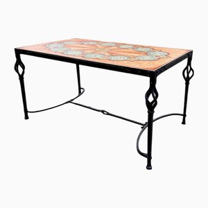 Mesa de centro italiana de hierro forjado con azulejos de cerámica pintados a mano, 1954