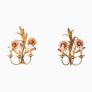 Vintage Italian Wall Lights Gilt Metal with Flowers, 1960s, Set of 2