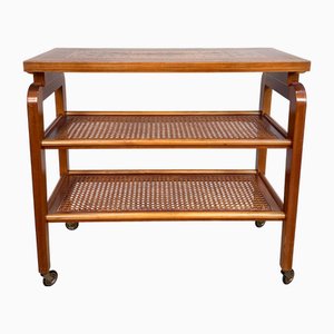 Art Deco Serving Trolley with Wooden Inlays and Rattan Shelves, Germany, 1920s