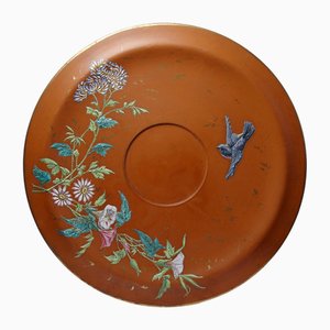 Large Clay Terracotta Dish with Japanese Art Nouveau Enameling