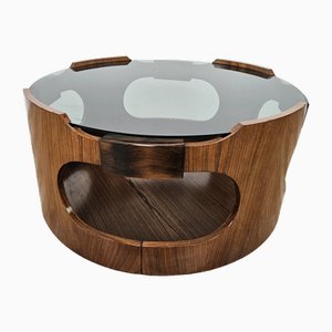 Vintage Round Teak and Walnut Coffee Table with Smoked Glass Top and Wheels, 1970s